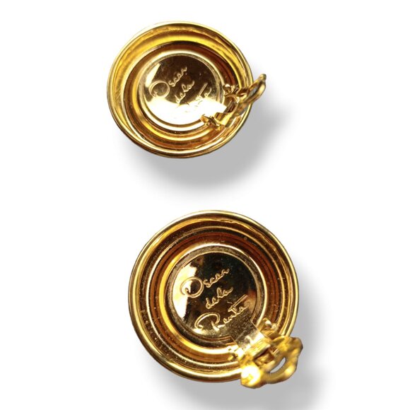 Vintage Oscar De La Renta Emerald Green Gripoix Glass Cabochon Clip Earrings - Picture 2 of 2